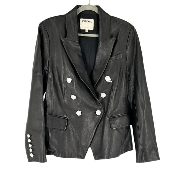 NWOT L'Agence Kenzie Black Lamb Leather Double Breasted Blazer Jacket - Picture 2 of 7